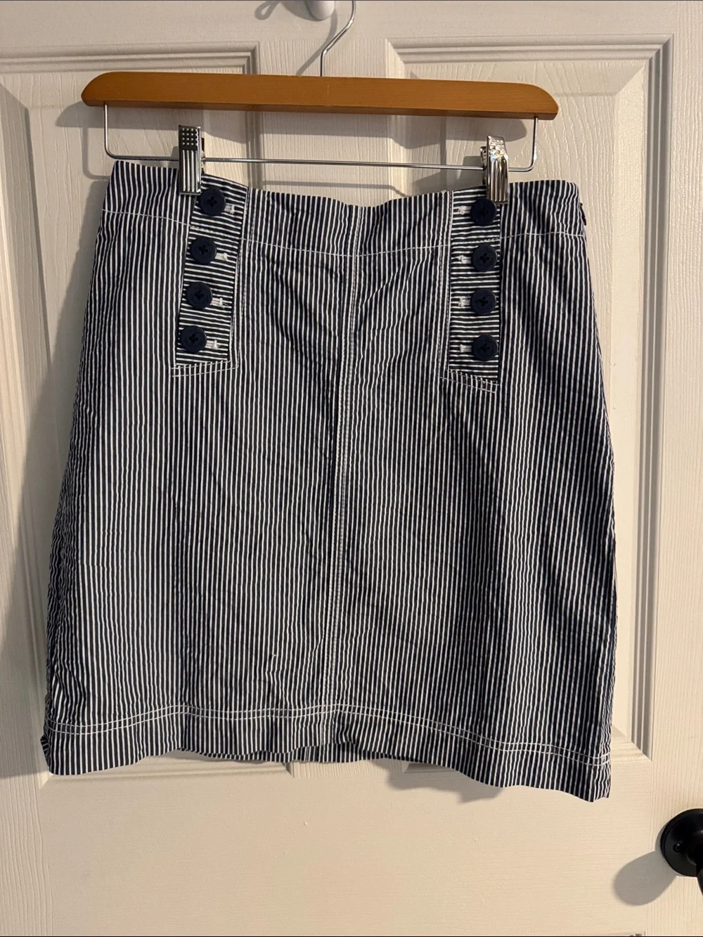 Talbots Navy and White Striped Button-Detail Mini Skirt